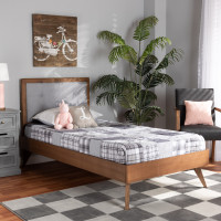 Baxton Studio Laima-Light Grey/Walnut-Twin Laima Mid-Century Modern Light Grey Fabric Upholstered and Walnut Brown Finished Wood Twin Size Platform Bed 